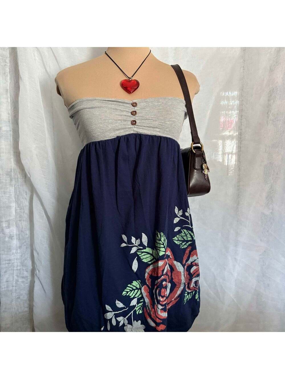 vintage y2k fairycore navy floral long babydoll tube top